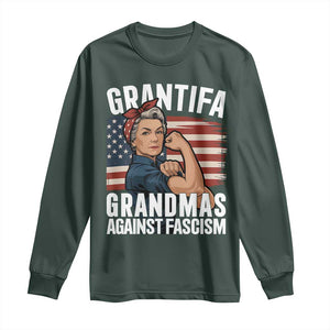 Patriotic Grantifa Long Sleeve Shirt Grandmas Against Fascism Protest American Flag TS02 Dark Forest Green Print Your Wear