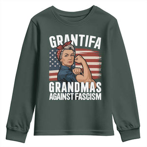 Patriotic Grantifa Youth Sweatshirt Grandmas Against Fascism Protest American Flag TS02 Dark Forest Green Print Your Wear