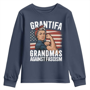 Patriotic Grantifa Youth Sweatshirt Grandmas Against Fascism Protest American Flag TS02 Navy Print Your Wear