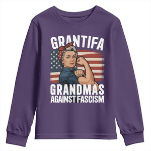 Patriotic Grantifa Youth Sweatshirt Grandmas Against Fascism Protest American Flag TS02 Purple Print Your Wear