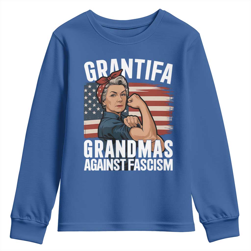 Patriotic Grantifa Youth Sweatshirt Grandmas Against Fascism Protest American Flag TS02 Royal Blue Print Your Wear