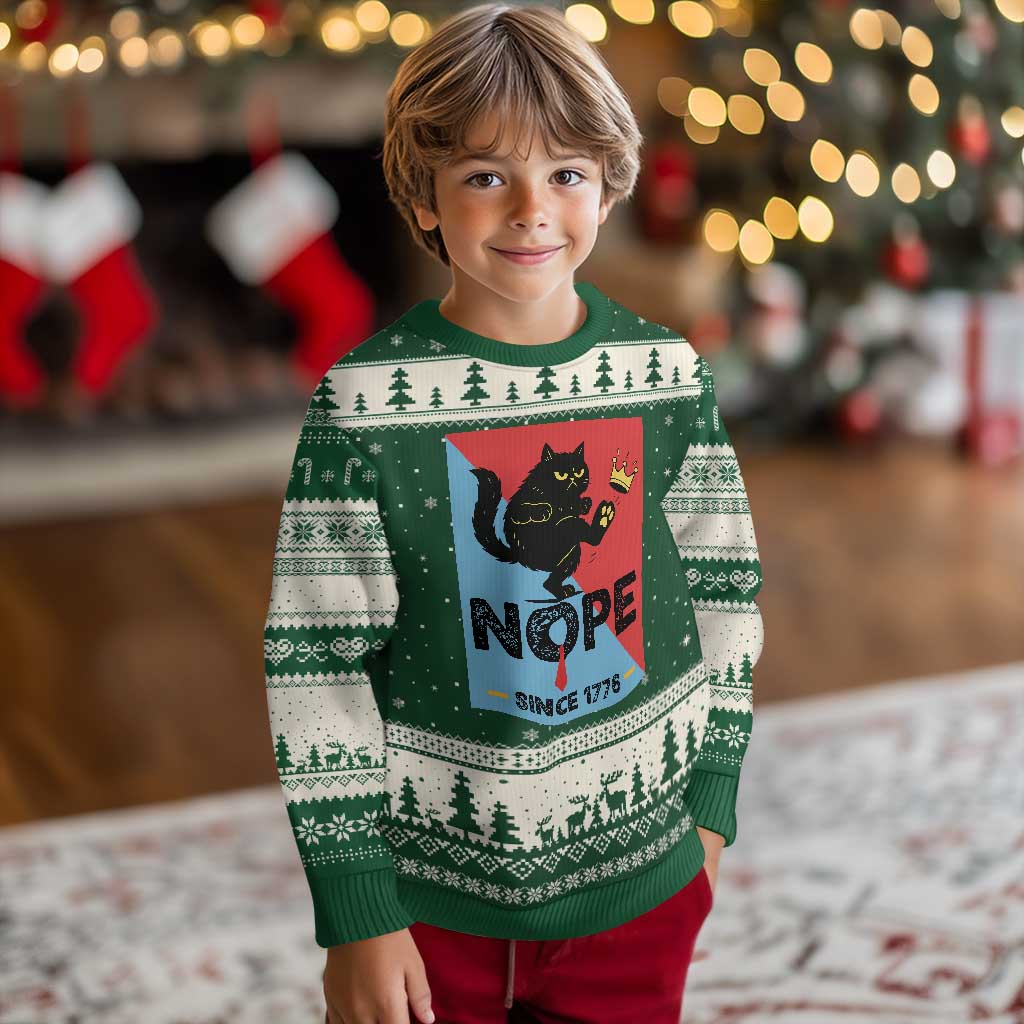 Nope Since 1776 Sarcastic Black Cat Ugly Christmas Sweater Funny No Kings In America Patriotic Protest TS02 Forest Green Beige Print Your Wear