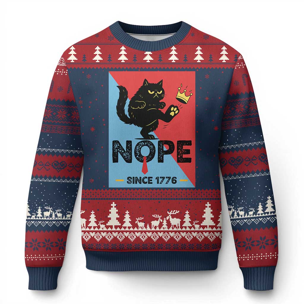 Nope Since 1776 Sarcastic Black Cat Ugly Christmas Sweater Funny No Kings In America Patriotic Protest TS02 Navy Red Print Your Wear