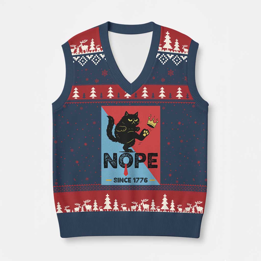 Nope Since 1776 Sarcastic Black Cat V-Neck Knit Sweater Vest Funny No Kings In America Patriotic Protest TS02 Navy Red Print Your Wear