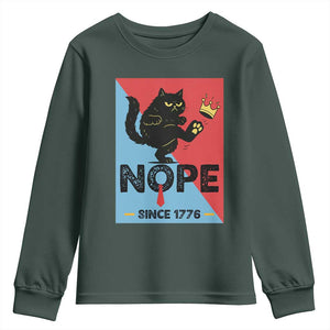 Nope Since 1776 Sarcastic Black Cat Youth Sweatshirt Funny No Kings In America Patriotic Protest TS02 Dark Forest Green Print Your Wear