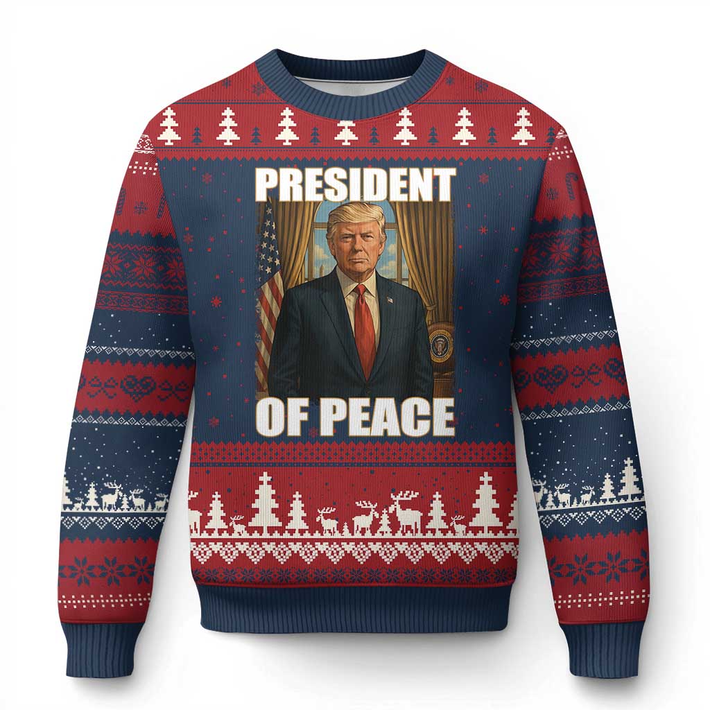 Trump President of Peace Patriotic Ugly Christmas Sweater Political Statement Gift for Conservatives Supporters TS02 Navy Red Print Your Wear