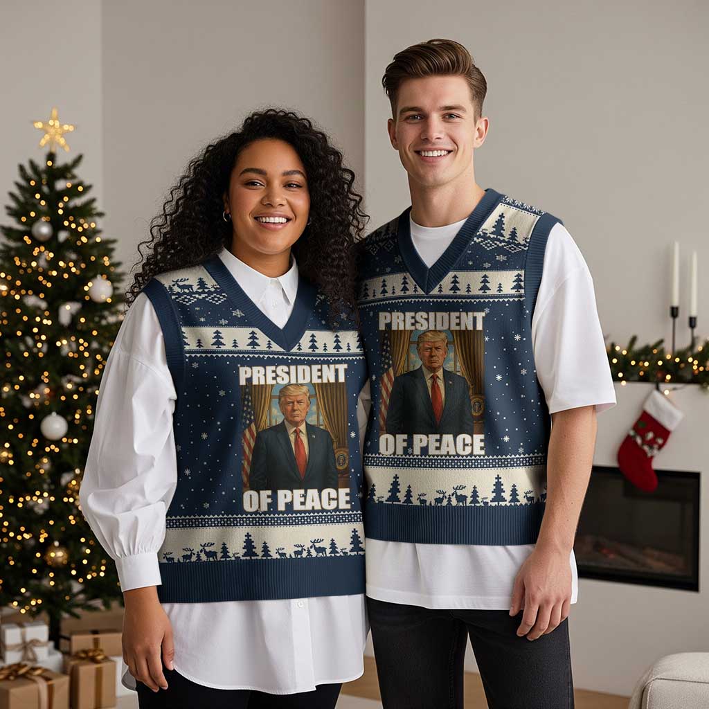 Trump President of Peace Patriotic V-Neck Knit Sweater Vest Political Statement Gift for Conservatives Supporters TS02 Navy Beige Print Your Wear