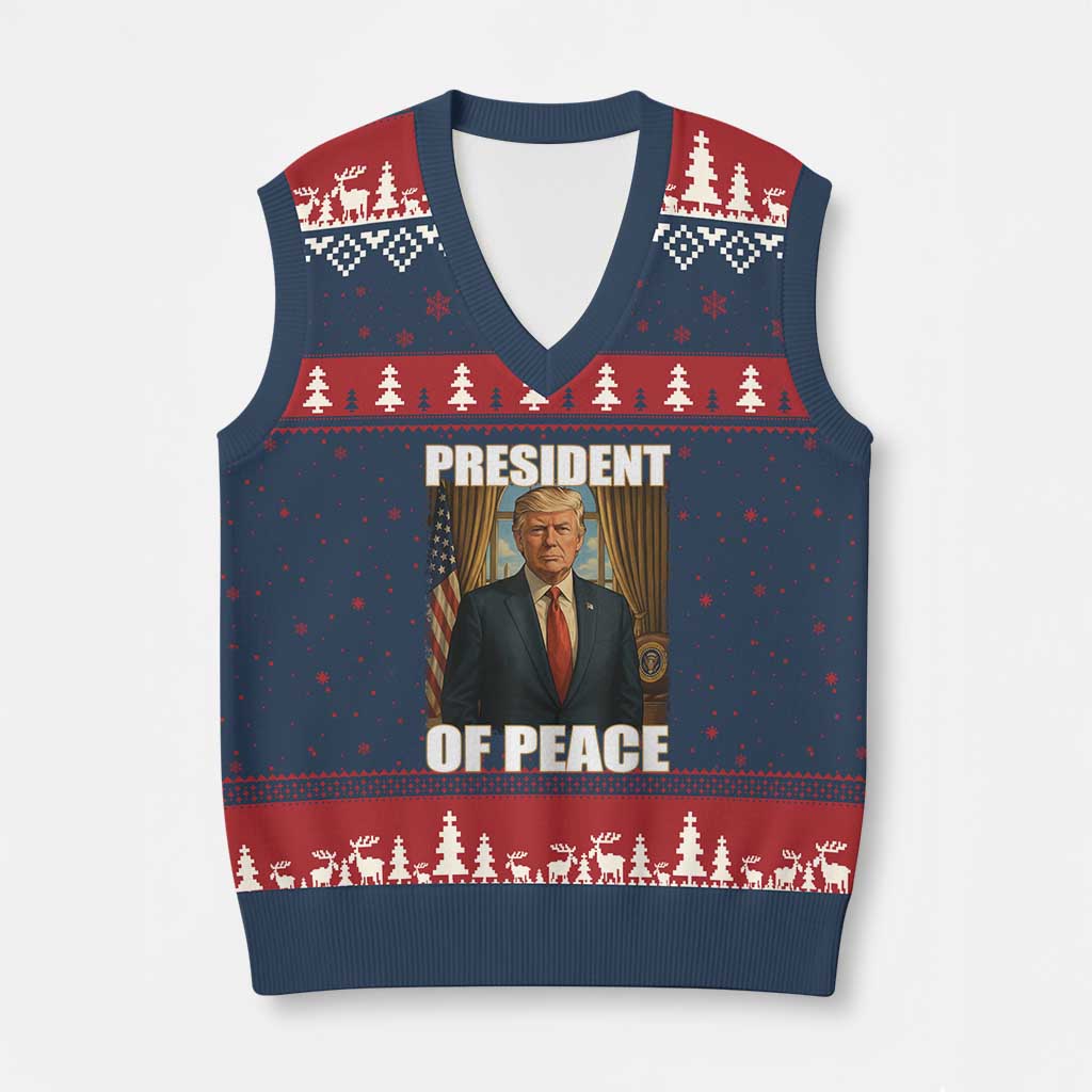 Trump President of Peace Patriotic V-Neck Knit Sweater Vest Political Statement Gift for Conservatives Supporters TS02 Navy Red Print Your Wear
