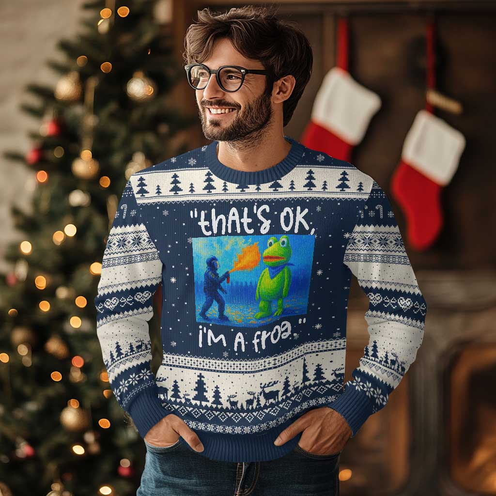 Funny Portland Frog Protest Ugly Christmas Sweater Thats OK Im A Frog Pepper Spray TS02 Navy Beige Print Your Wear