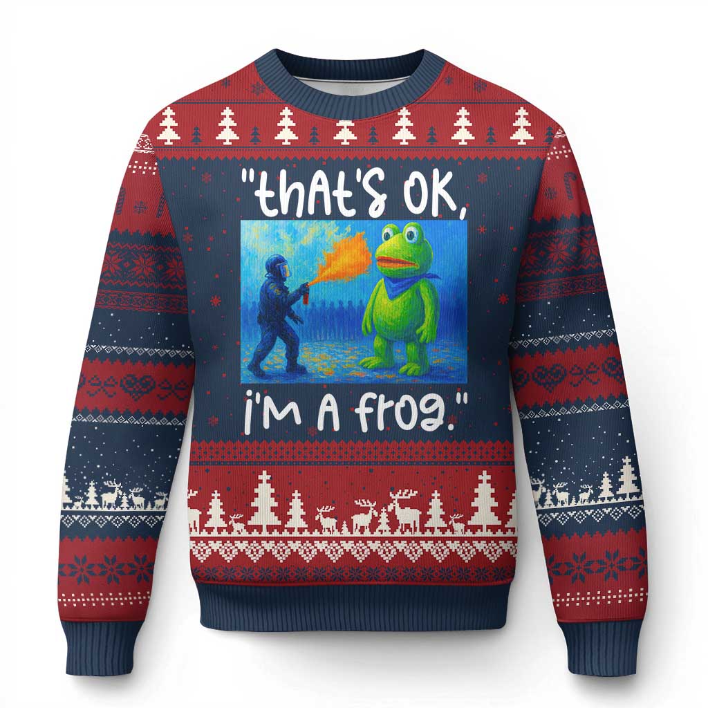 Funny Portland Frog Protest Ugly Christmas Sweater Thats OK Im A Frog Pepper Spray TS02 Navy Red Print Your Wear