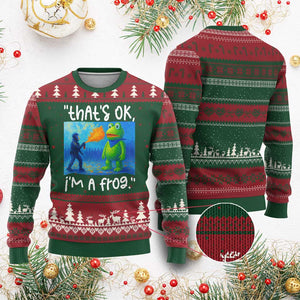 Funny Portland Frog Protest Ugly Christmas Sweater Thats OK Im A Frog Pepper Spray TS02 Red Green Print Your Wear