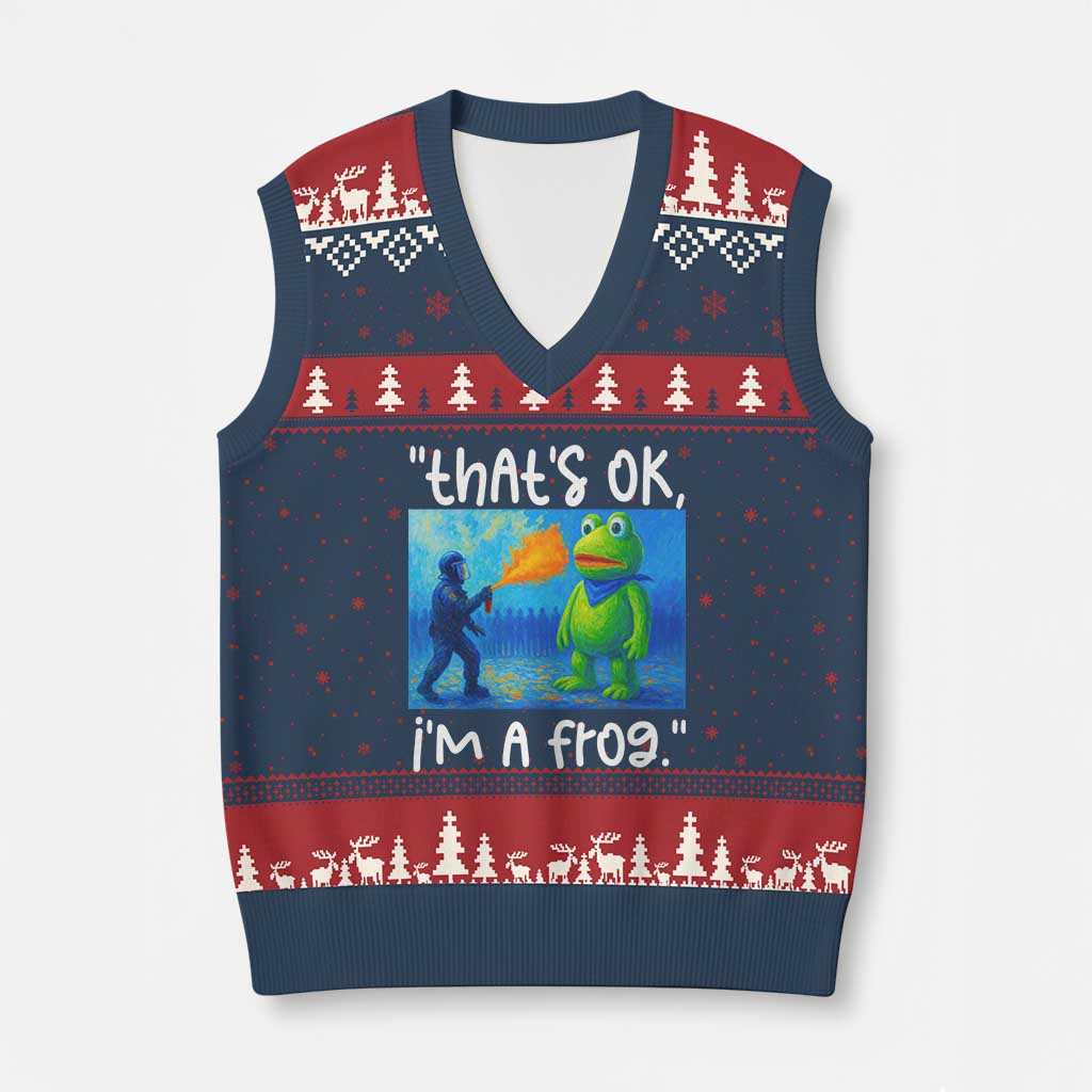 Funny Portland Frog Protest V-Neck Knit Sweater Vest Thats OK Im A Frog Pepper Spray TS02 Navy Red Print Your Wear