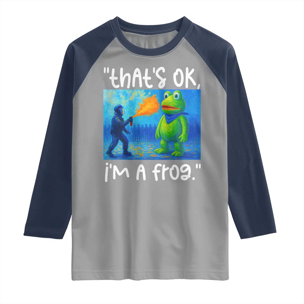 Funny Portland Frog Protest Raglan Shirt Thats OK Im A Frog Pepper Spray TS02 Sport Gray Navy Print Your Wear