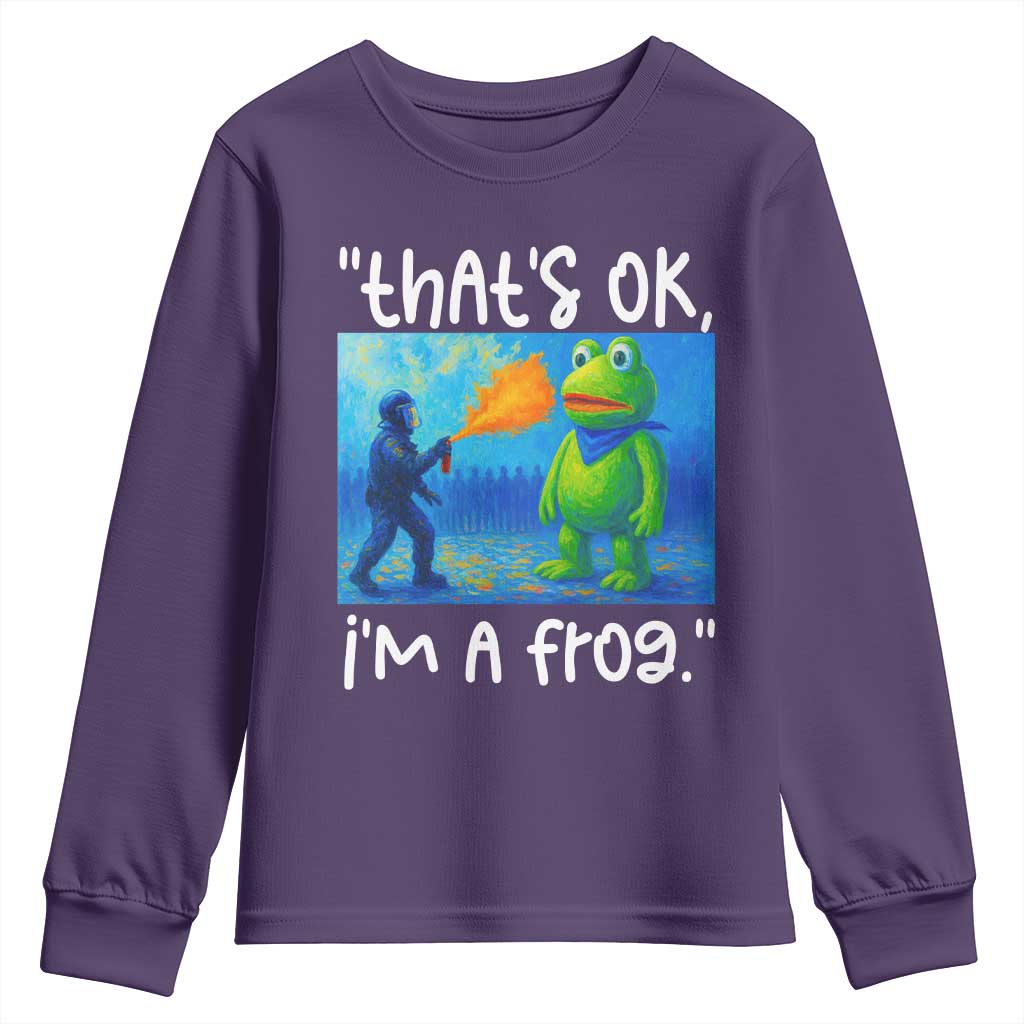 Funny Portland Frog Protest Youth Sweatshirt Thats OK Im A Frog Pepper Spray TS02 Purple Print Your Wear