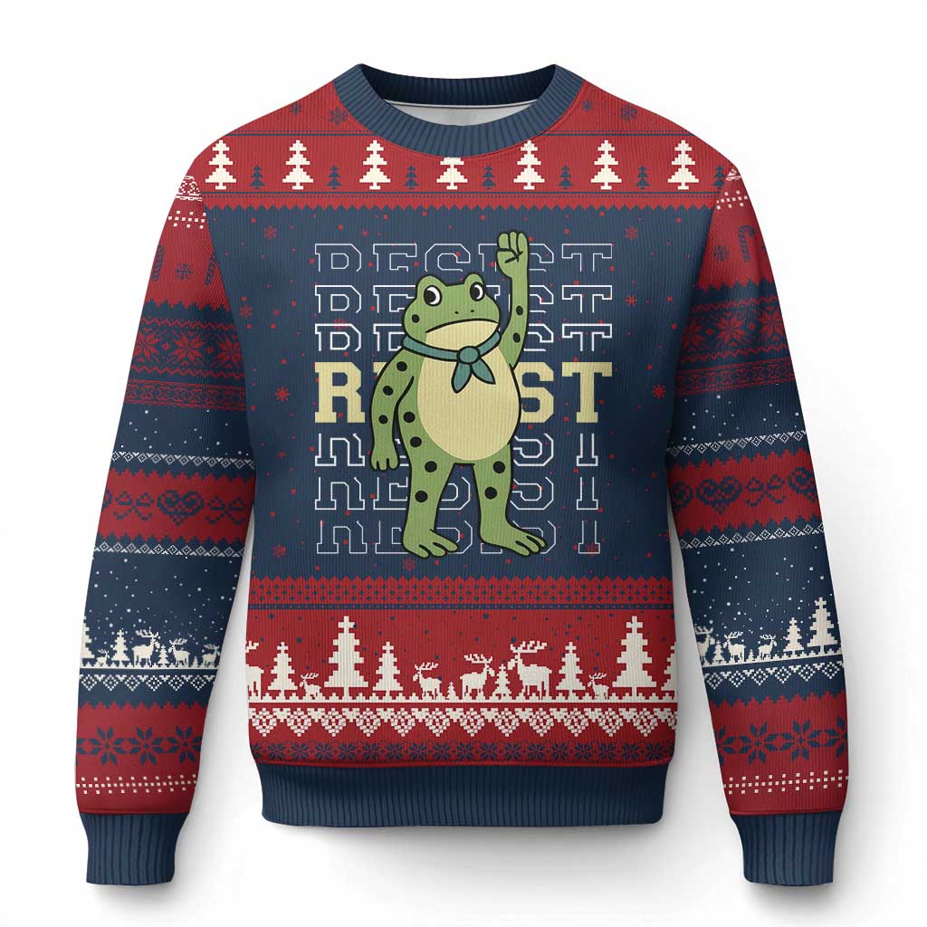 Resist Raised Fist Frog Ugly Christmas Sweater Portland Protest Freedom Fighter TS02 Navy Red Print Your Wear