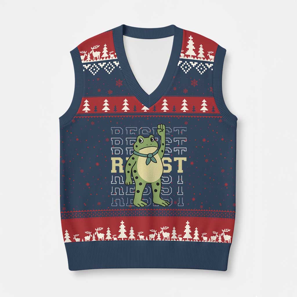 Resist Raised Fist Frog V-Neck Knit Sweater Vest Portland Protest Freedom Fighter - Print Your Wear