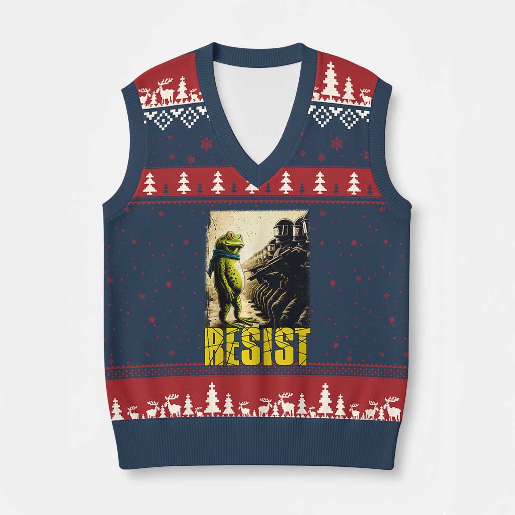 Resist Frog V-Neck Knit Sweater Vest Stand Against Free Portland Protest TS02 Navy Red Print Your Wear