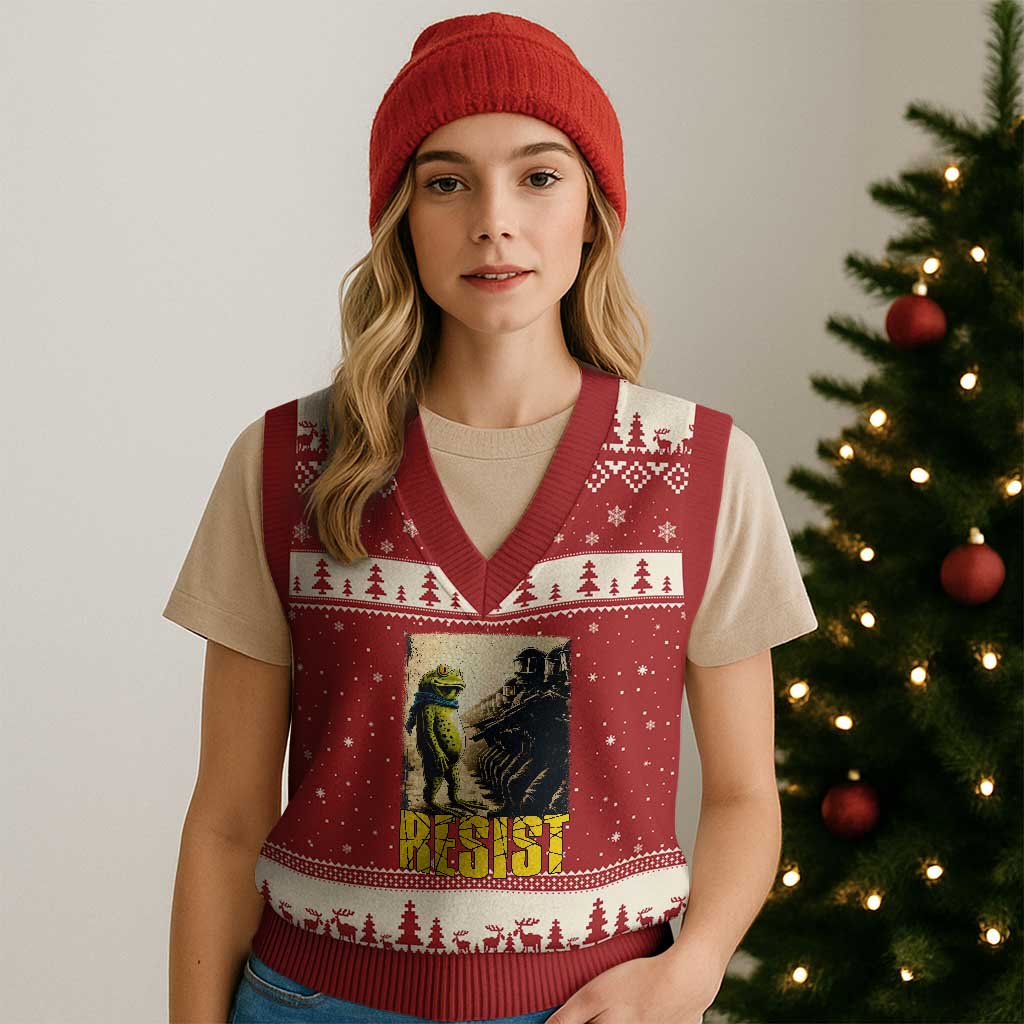 Resist Frog V-Neck Knit Sweater Vest Stand Against Free Portland Protest TS02 Red Beige Print Your Wear