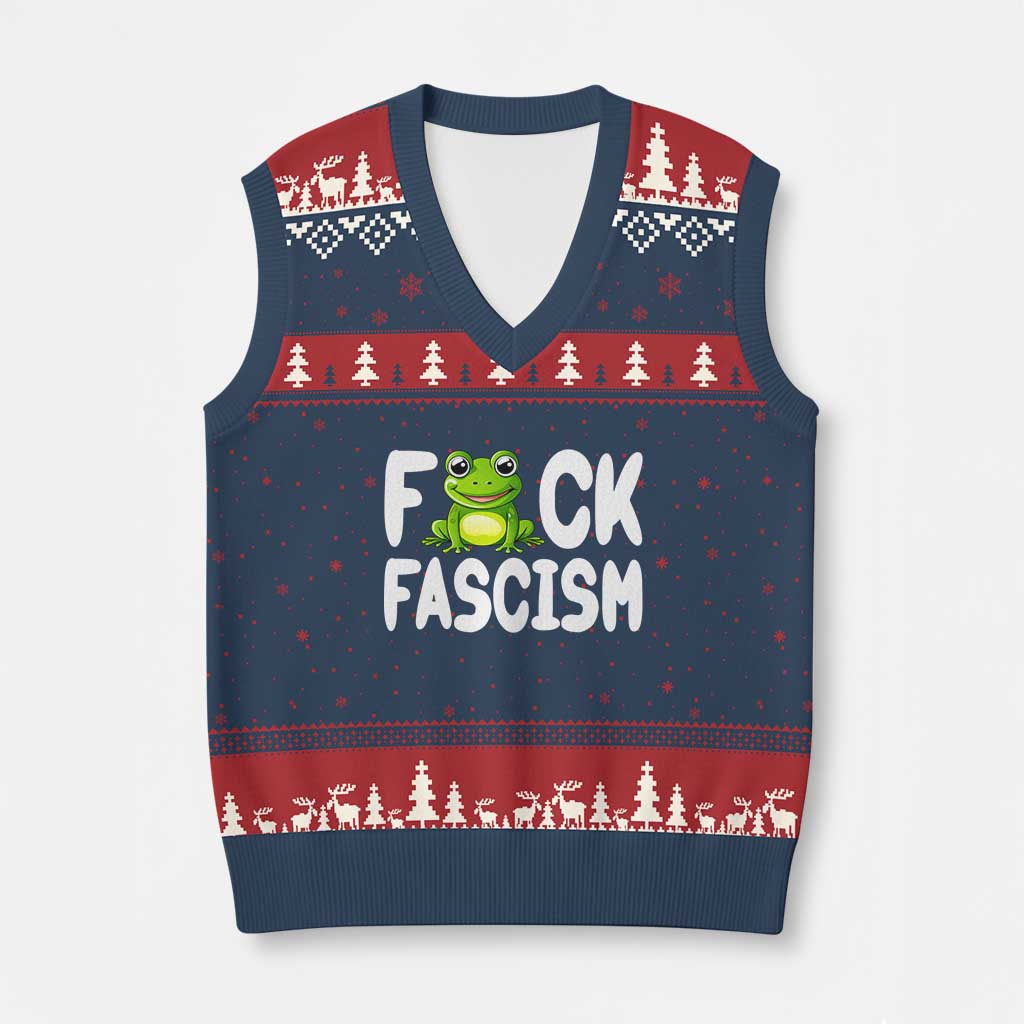 Funny Frog Fck Fascism V-Neck Knit Sweater Vest Resist Protest Human Rights - Print Your Wear