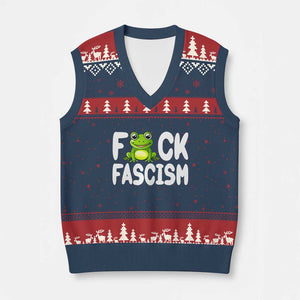 Funny Frog Fck Fascism V-Neck Knit Sweater Vest Resist Protest Human Rights - Print Your Wear