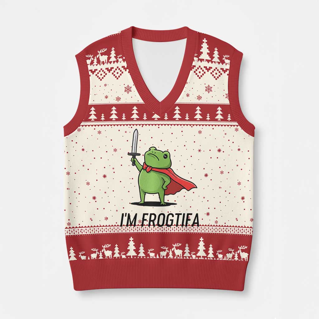 Funny Huzzah Frog V-Neck Knit Sweater Vest Im Frogtifa Knight Resist Protest - Print Your Wear