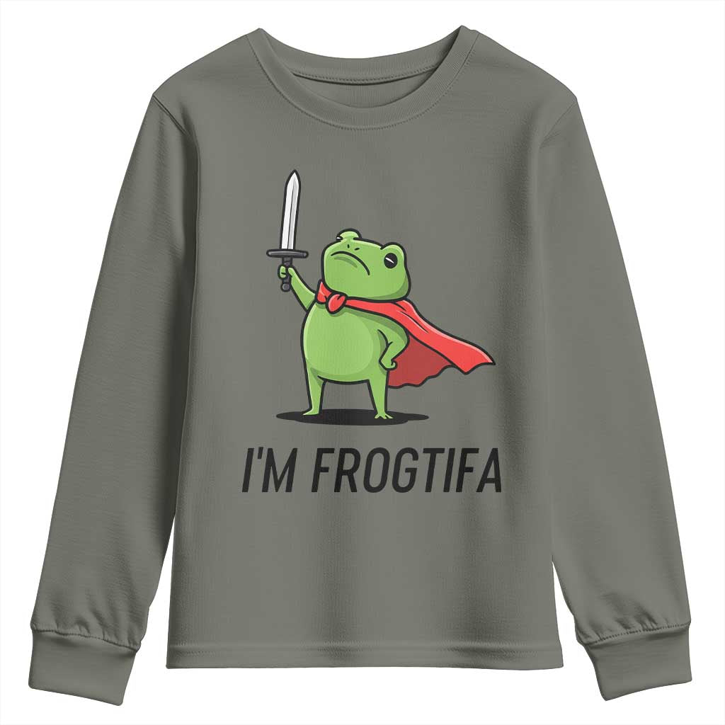 Funny Huzzah Frog Youth Sweatshirt Im Frogtifa Knight Resist Protest TS02 Military Green Print Your Wear