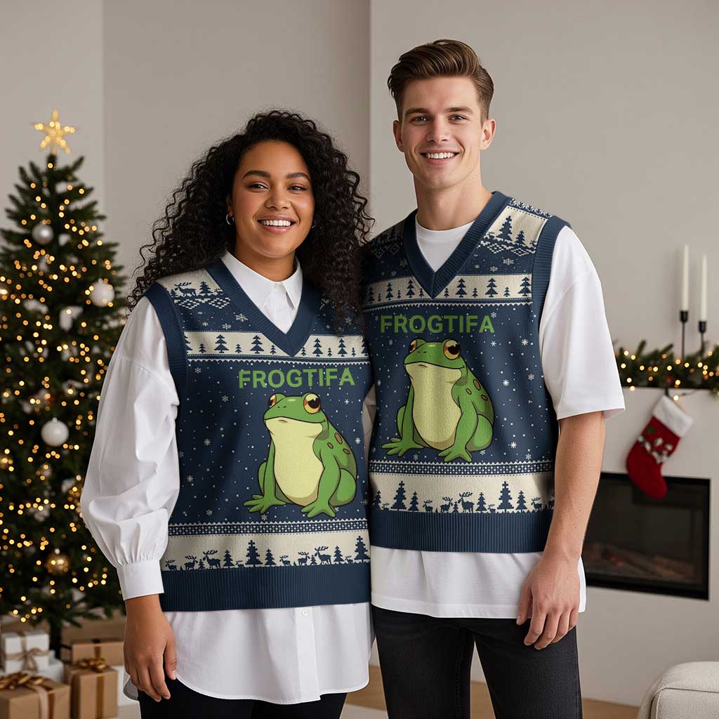 Funny Frogtifa V-Neck Knit Sweater Vest Resist Frog Protest Against Fascism TS02 Navy Beige Print Your Wear
