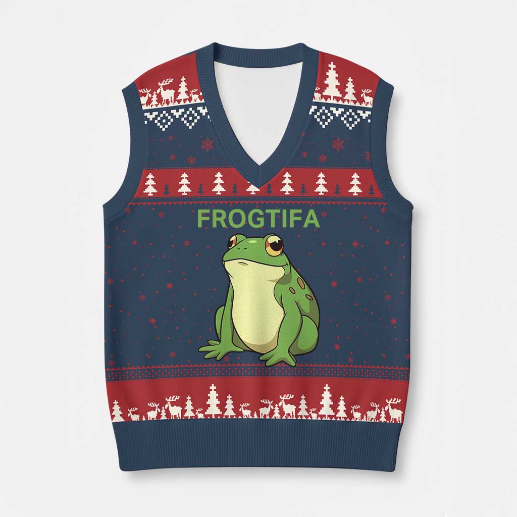 Funny Frogtifa V-Neck Knit Sweater Vest Resist Frog Protest Against Fascism - Print Your Wear