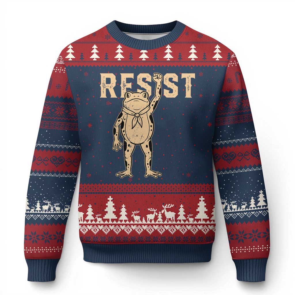Frog Resist Ugly Christmas Sweater Raised Fist Protest Fighter Retro Graphic - Print Your Wear