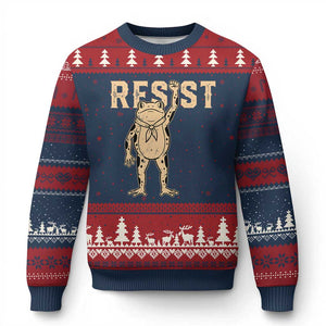 Frog Resist Ugly Christmas Sweater Raised Fist Protest Fighter Retro Graphic - Print Your Wear