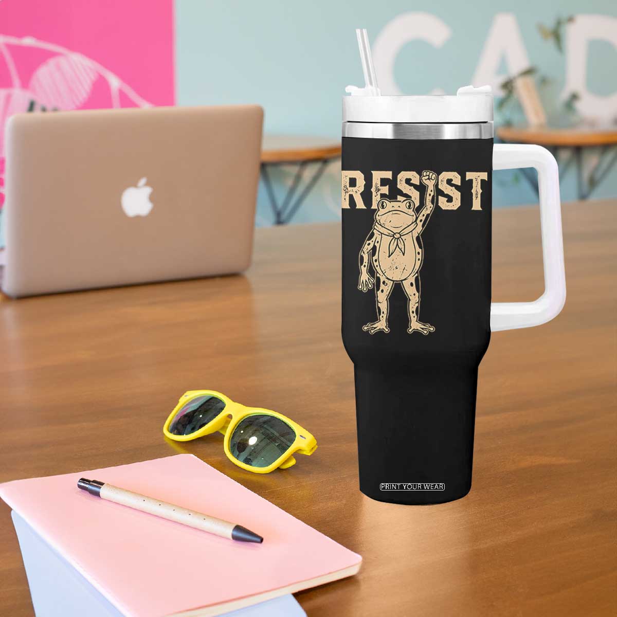 Frog Resist Tumbler With Handle Raised Fist Protest Fighter Retro Graphic TS02 Print Your Wear