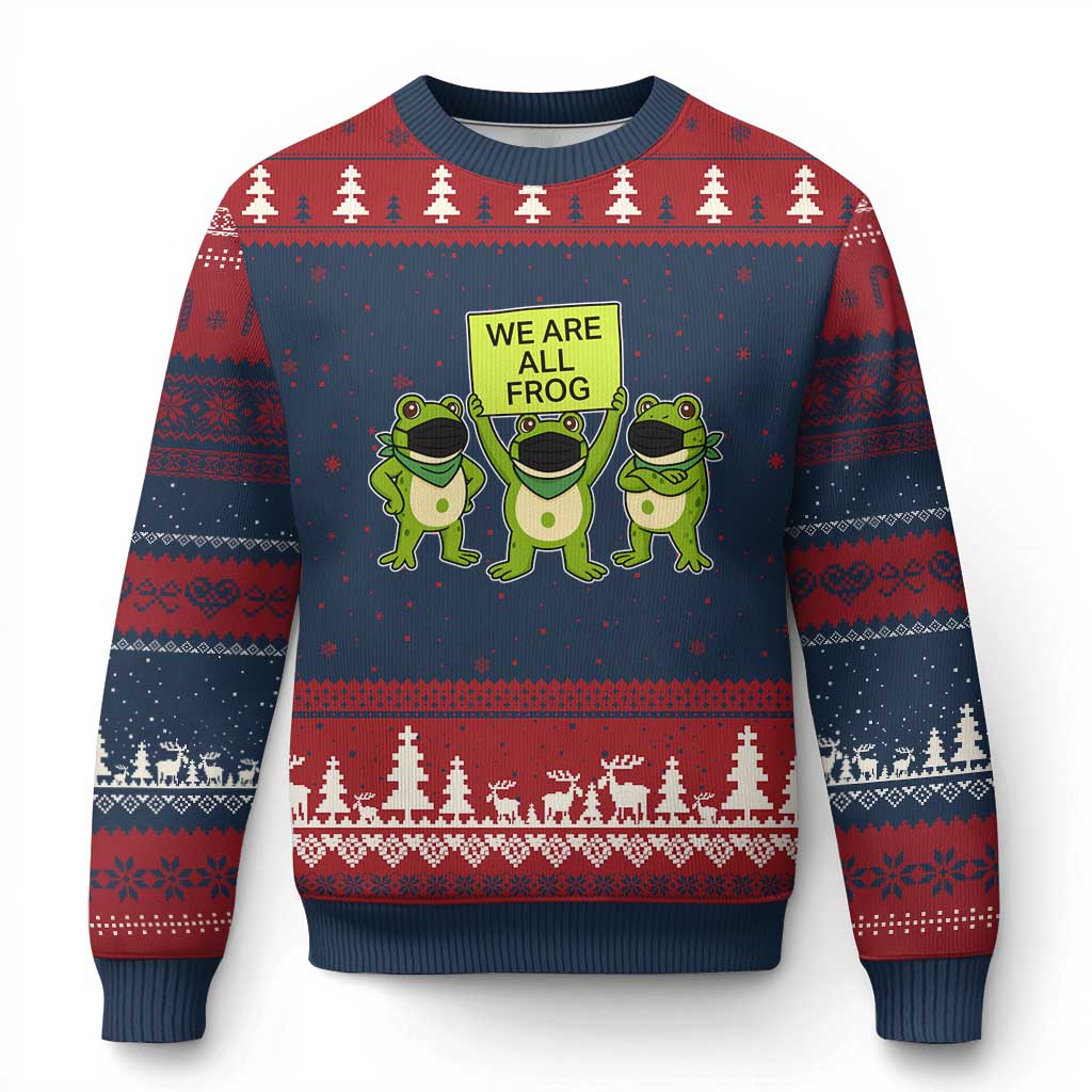 We Are All Frog Ugly Christmas Sweater Frogs Protest Together Strong TS02 Navy Red Print Your Wear