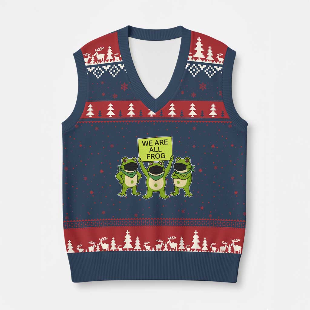 We Are All Frog V-Neck Knit Sweater Vest Frogs Protest Together Strong TS02 Navy Red Print Your Wear