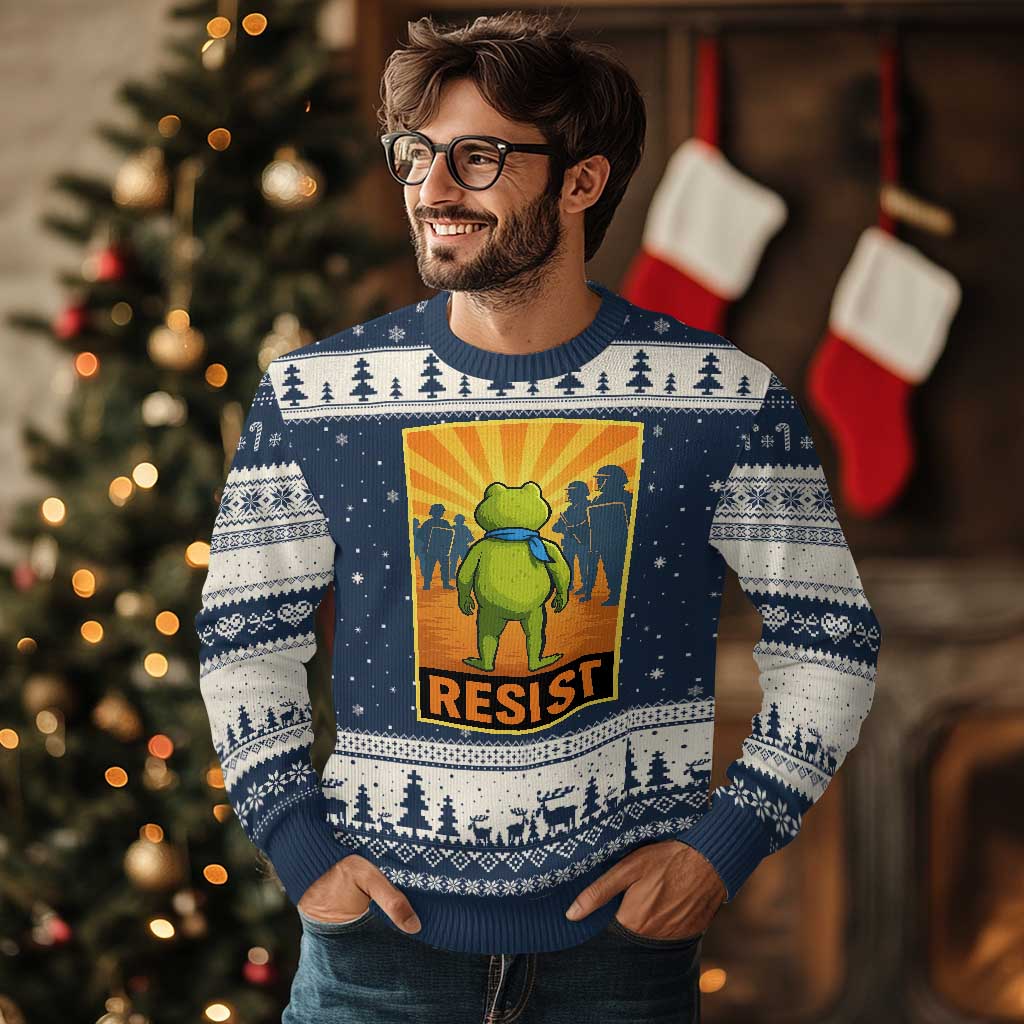 Resist Frog Graphic Ugly Christmas Sweater Protest Stand Against Fascism TS02 Navy Beige Print Your Wear