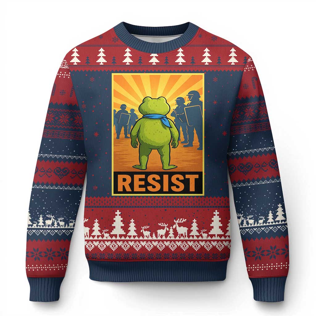 Resist Frog Graphic Ugly Christmas Sweater Protest Stand Against Fascism - Print Your Wear