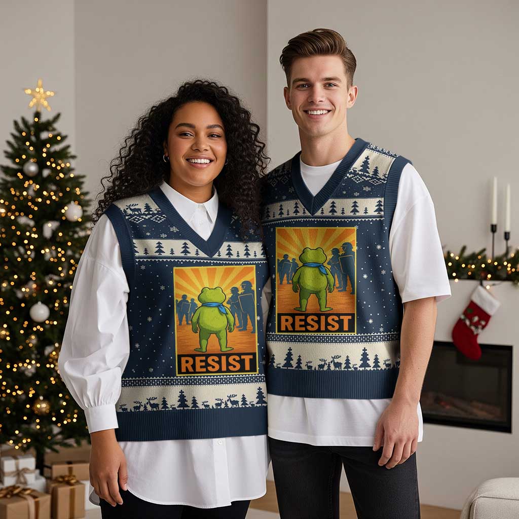Resist Frog Graphic V-Neck Knit Sweater Vest Protest Stand Against Fascism TS02 Navy Beige Print Your Wear