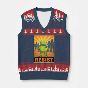 Resist Frog Graphic V-Neck Knit Sweater Vest Protest Stand Against Fascism TS02 Navy Red Print Your Wear