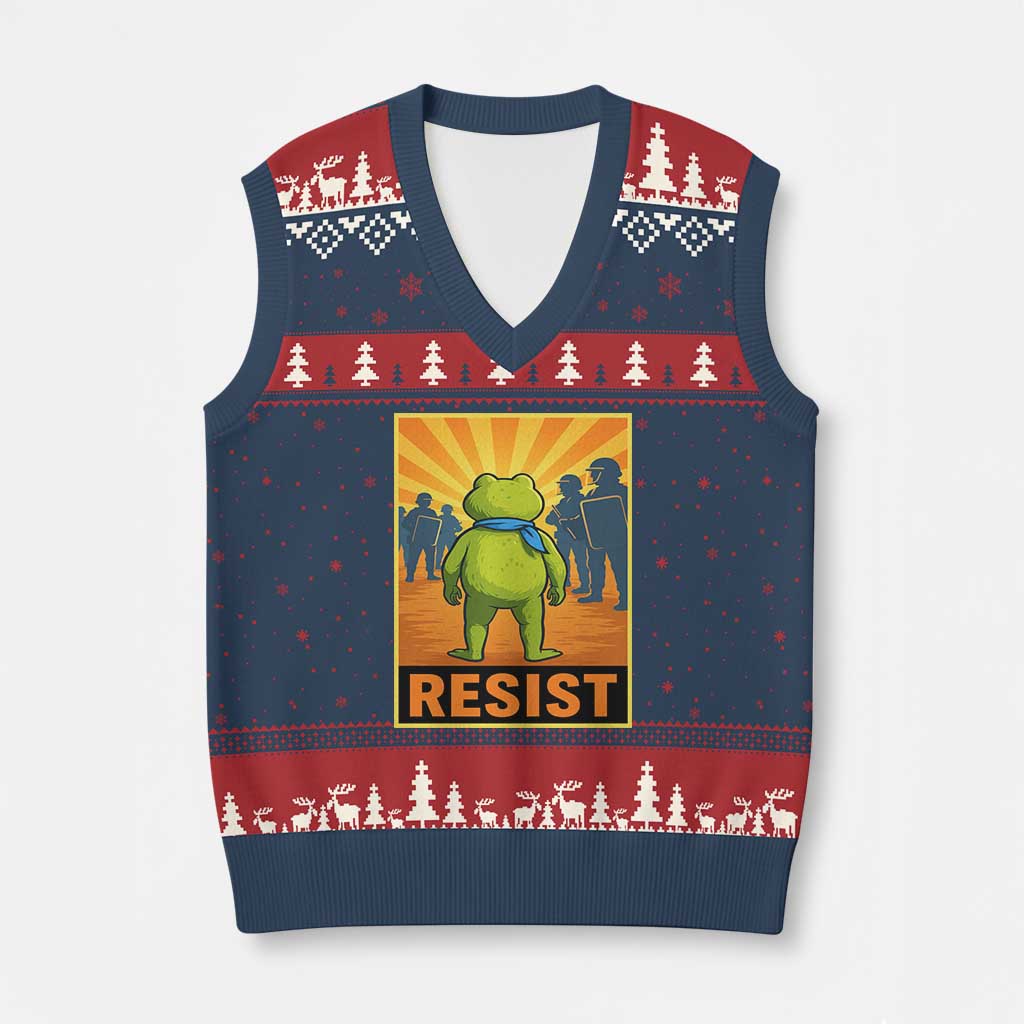Resist Frog Graphic V-Neck Knit Sweater Vest Protest Stand Against Fascism - Print Your Wear