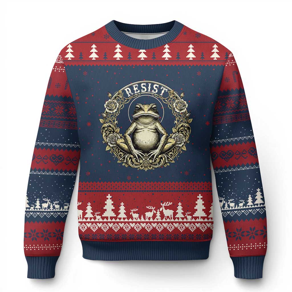 Zen Frog Resist Ugly Christmas Sweater Sacred Resistance Protest Ornate Style Graphic TS02 Navy Red Print Your Wear