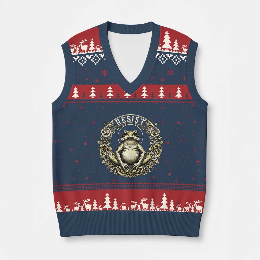 Zen Frog Resist V-Neck Knit Sweater Vest Sacred Resistance Protest Ornate Style Graphic TS02 Navy Red Print Your Wear