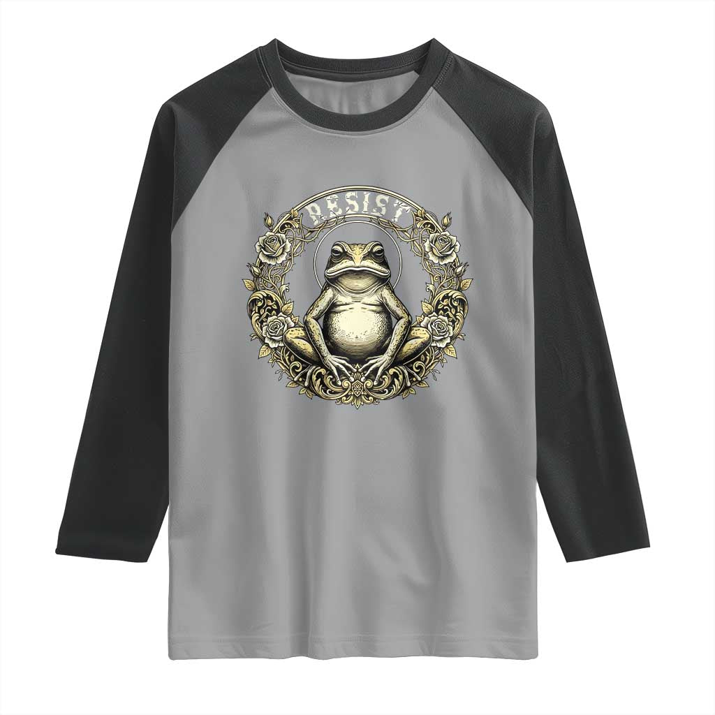 Zen Frog Resist Raglan Shirt Sacred Resistance Protest Ornate Style Graphic TS02 Sport Gray Black Print Your Wear
