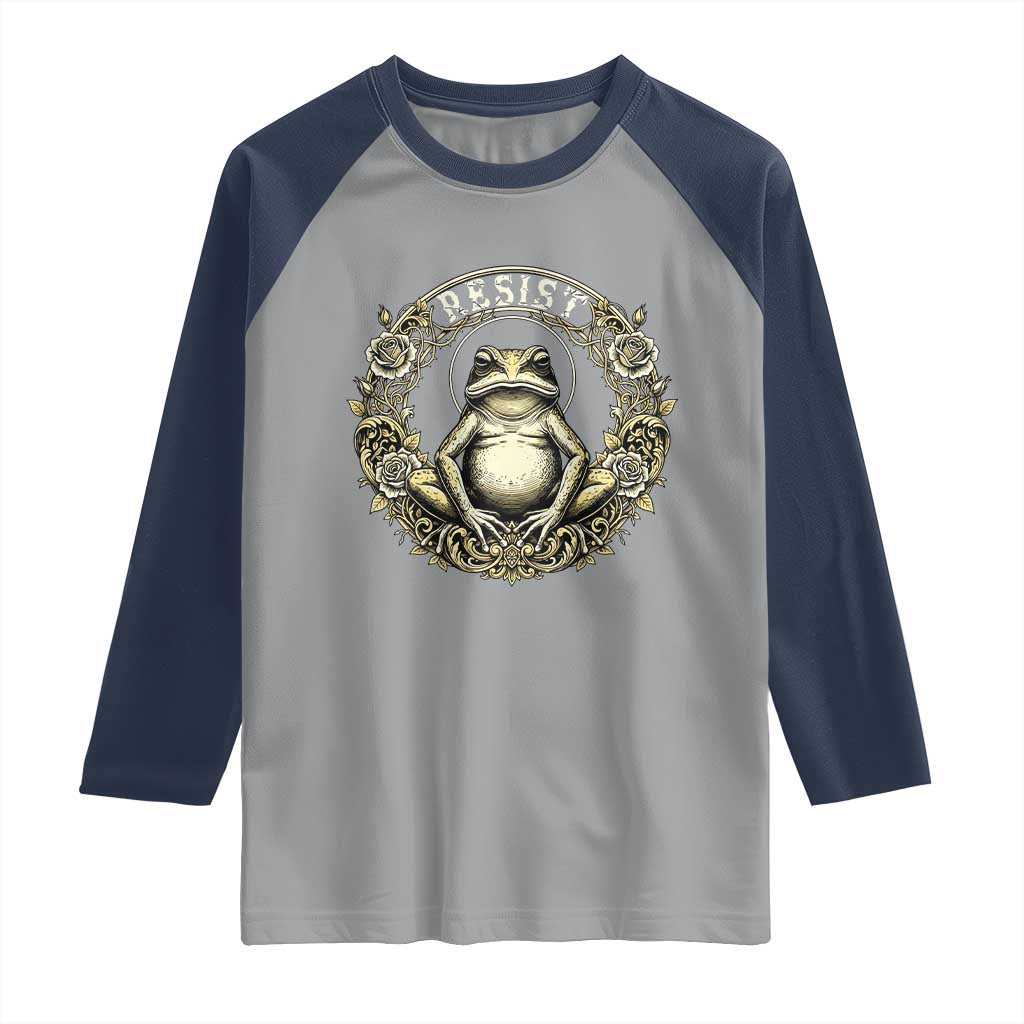 Zen Frog Resist Raglan Shirt Sacred Resistance Protest Ornate Style Graphic TS02 Sport Gray Navy Print Your Wear