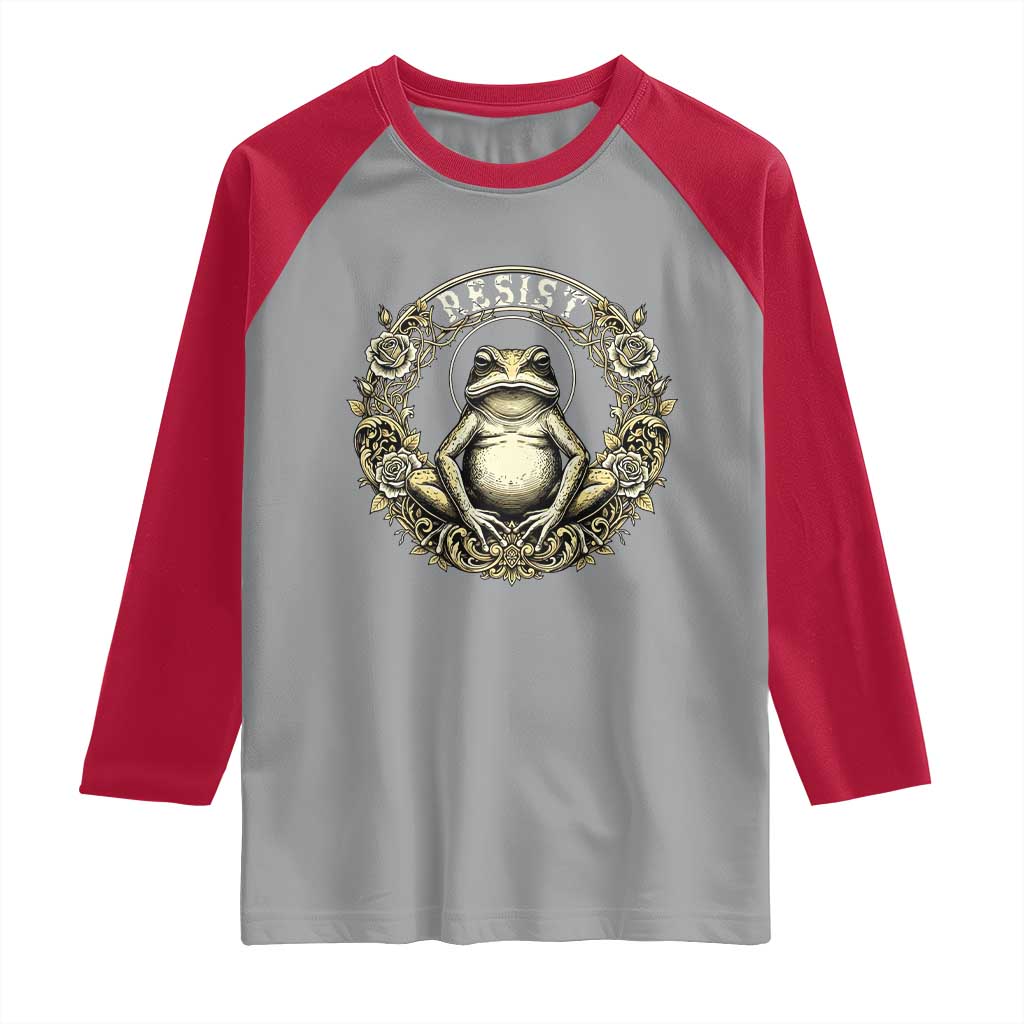 Zen Frog Resist Raglan Shirt Sacred Resistance Protest Ornate Style Graphic TS02 Sport Gray Red Print Your Wear