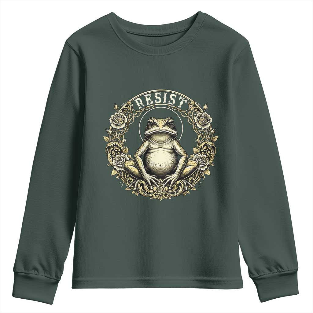 Zen Frog Resist Youth Sweatshirt Sacred Resistance Protest Ornate Style Graphic TS02 Dark Forest Green Print Your Wear