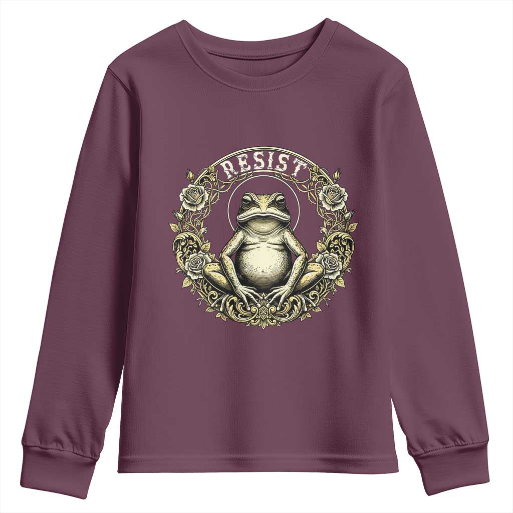 Zen Frog Resist Youth Sweatshirt Sacred Resistance Protest Ornate Style Graphic TS02 Maroon Print Your Wear