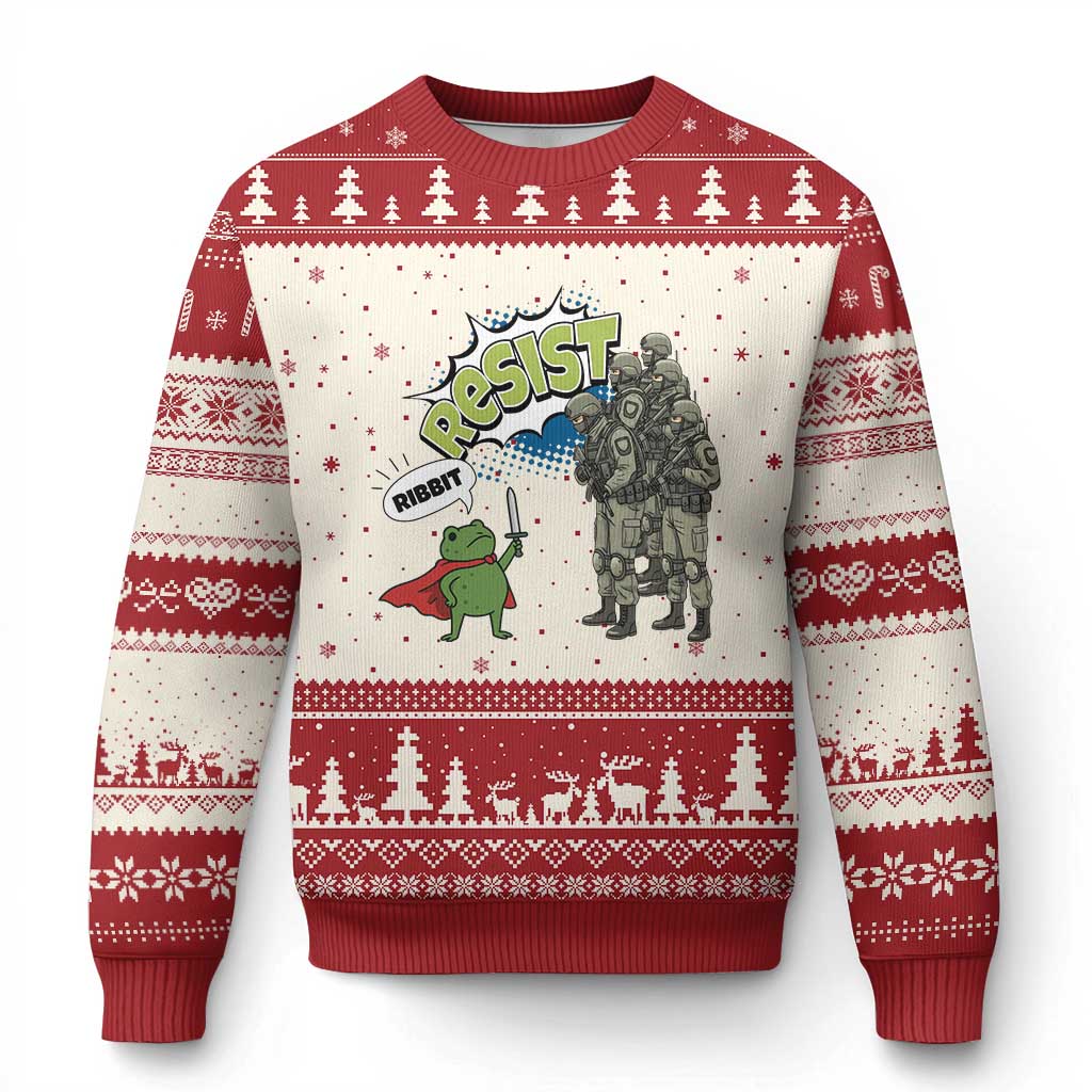 Funny Frog Protest Comic Graphic Ugly Christmas Sweater Ribbit Resist Stand Against - Print Your Wear