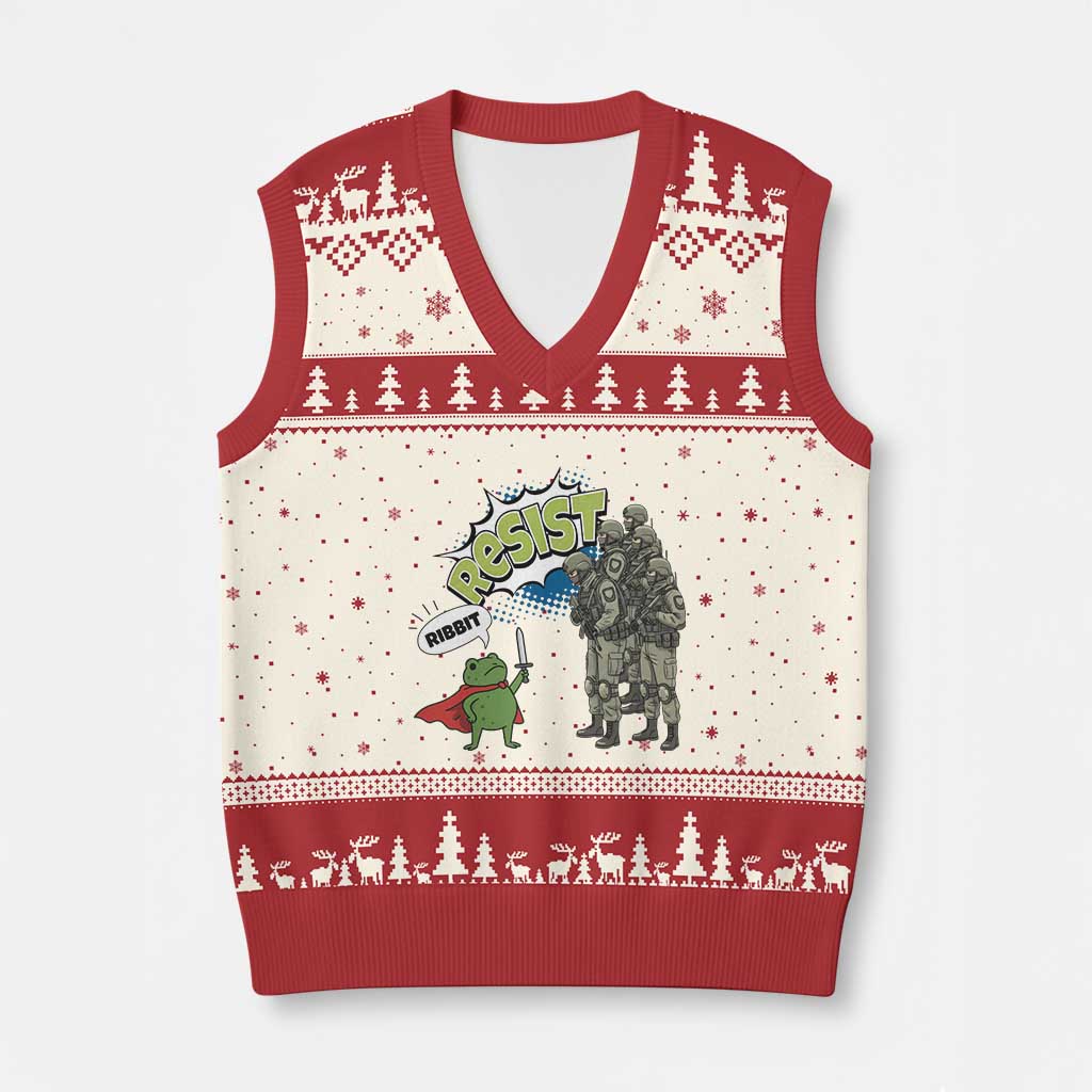 Funny Frog Protest Comic Graphic V-Neck Knit Sweater Vest Ribbit Resist Stand Against - Print Your Wear