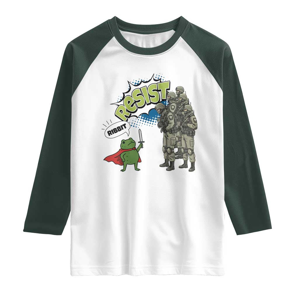 Funny Frog Protest Comic Graphic Raglan Shirt Ribbit Resist Stand Against TS02 White Dark Forest Green Print Your Wear