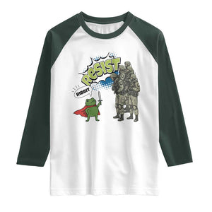 Funny Frog Protest Comic Graphic Raglan Shirt Ribbit Resist Stand Against TS02 White Dark Forest Green Print Your Wear