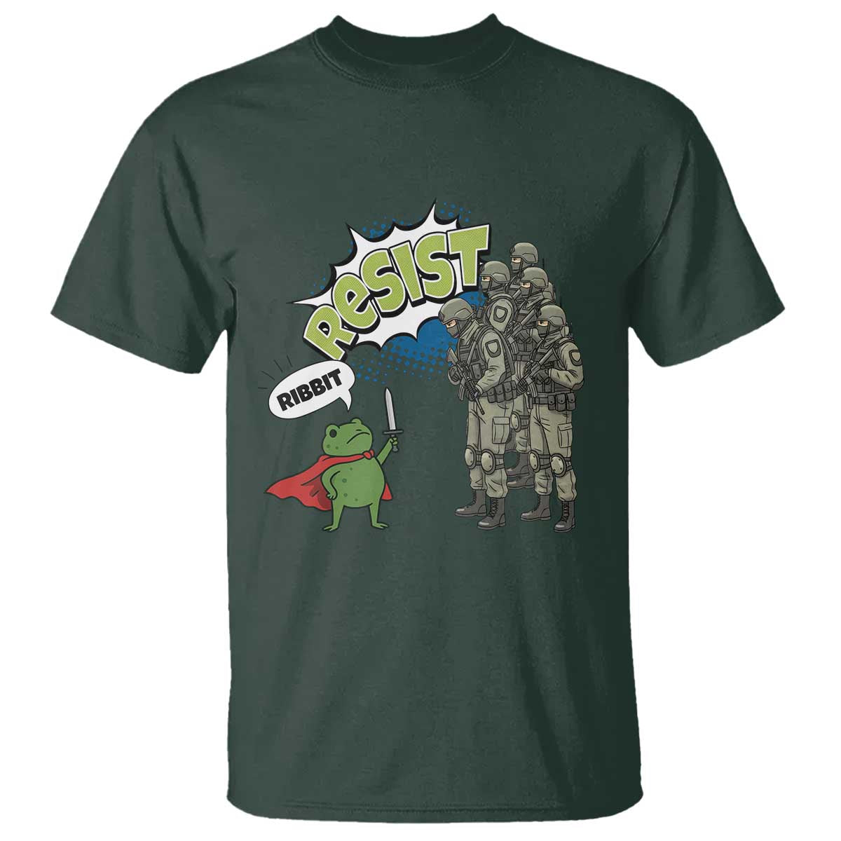 Funny Frog Protest Comic Graphic T Shirt Ribbit Resist Stand Against TS02 Dark Forest Green Print Your Wear